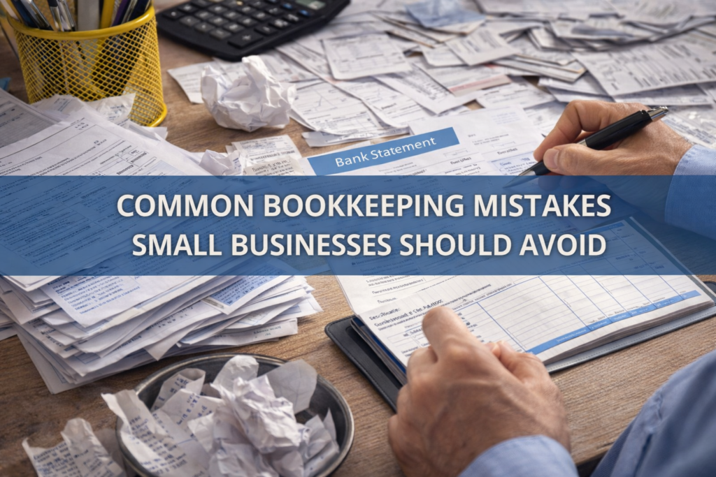 Common bookkeeping mistakes small businesses should avoid, shown through disorganized financial records and overdue bills