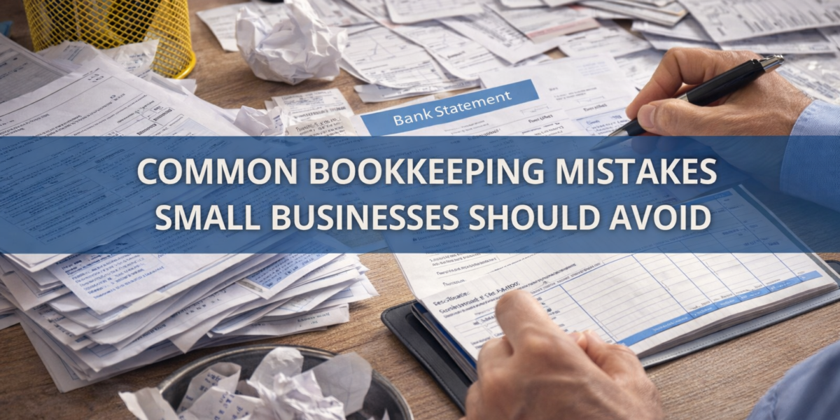 Common bookkeeping mistakes small businesses should avoid, shown through disorganized financial records and overdue bills