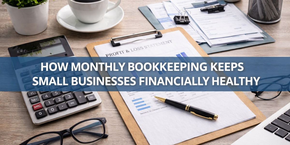 Monthly bookkeeping tools including financial reports, calculator, and laptop supporting small business financial health